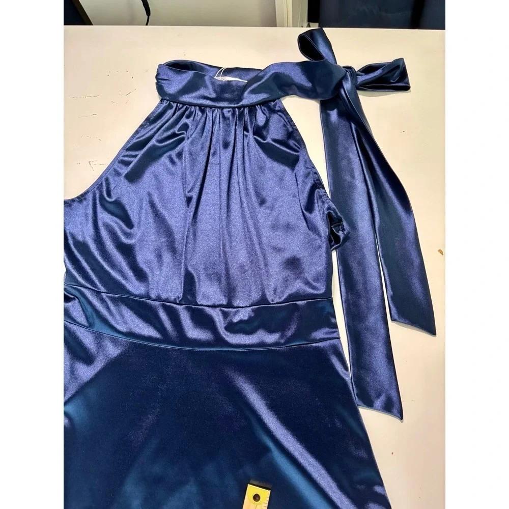 NWT Haisora Blue Satin Halter Neck Maxi Dress‎ Bow Tie Detail Sz XL Prom Formal